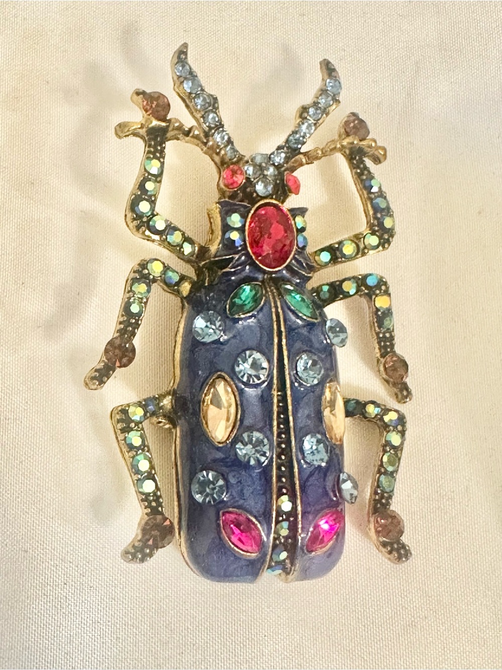Gold-Tone Multicolored Beetle Brooch - Purple/Blue w/ Red Center Stone